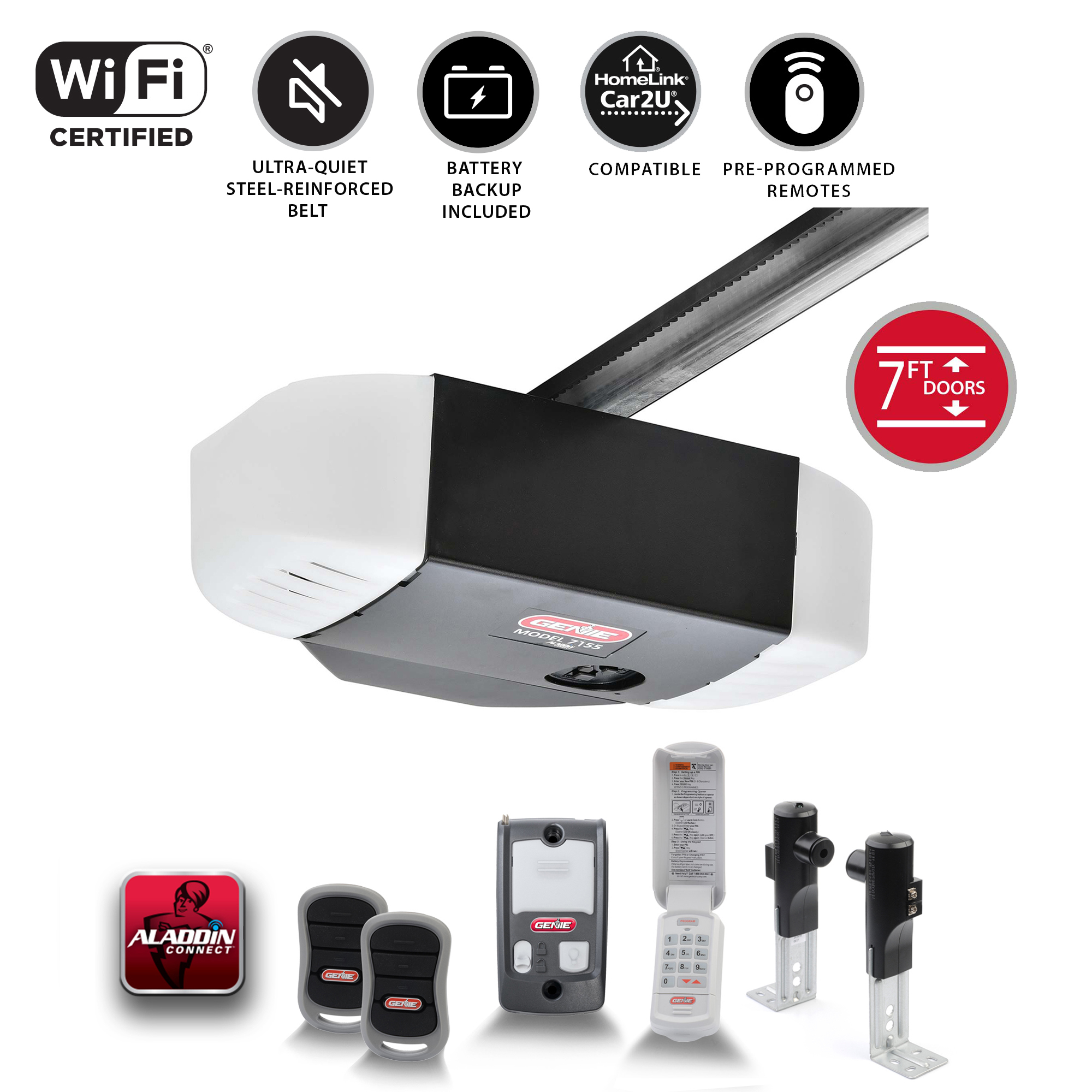 Genie Company, Ultra-quiet belt garage door opener w batt. WiFi, Model# 7155-TKV